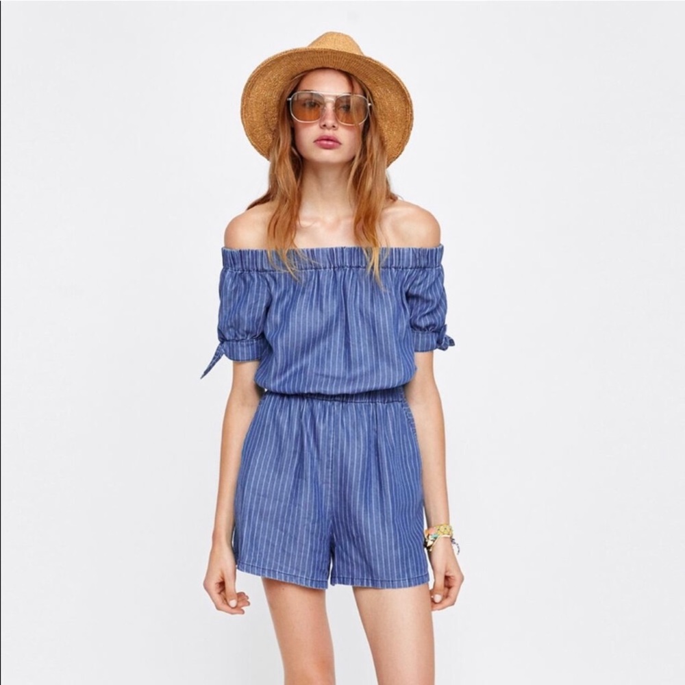 Zara Denim Off the Shoulder Romper